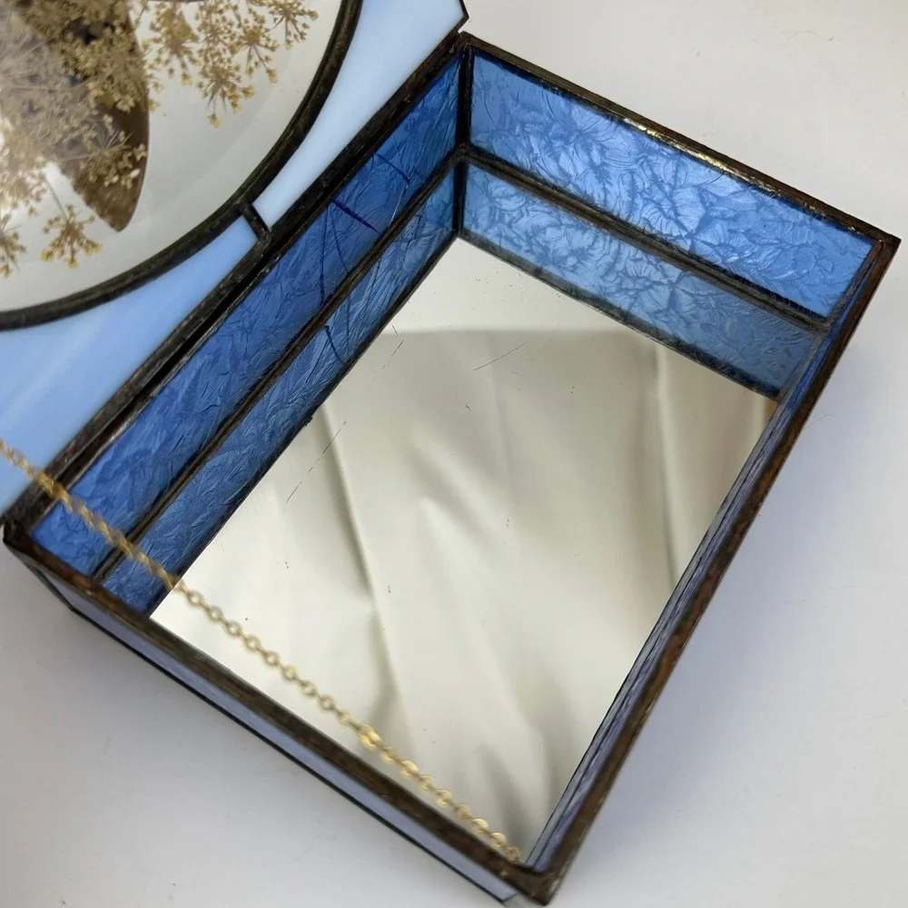 Vintage Stained Glass Hideaway Butterfly Trinket Box Blue Slag Glass Taxidermy